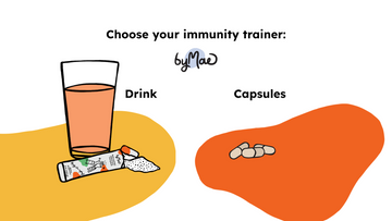Illustration showing two options to boost immunity from byMae: a drink with a sachet and glass on a yellow background, and capsules on an orange background, with the text 'Choose your immunity trainer: Drink or Capsules'.