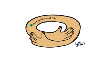 Arms wrapped in an embrace with the words "First, families need food."